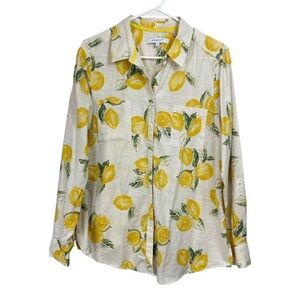 Foxcroft Size 14 Zoey Lemon Citrus Print Buttons Roll Tab Long Sleeve Blouse